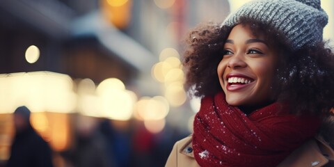 beautiful African American girl in winter coat smiling and laughing, generative AI