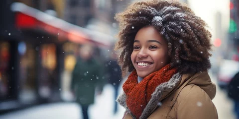 Tuinposter beautiful African American girl in winter coat smiling and laughing, generative AI © VALUEINVESTOR