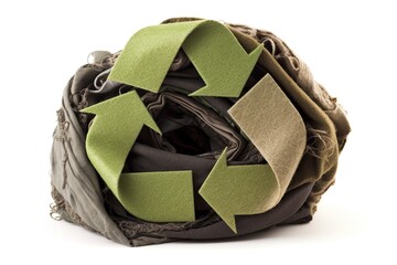 Second hand, circular fashion and recycling concept. Colorful clothes under paper cut recycling symbol.