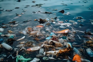 Fish and plastic pollution in sea. Microplastics contaminate seafood.