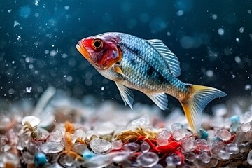 Fish and plastic pollution in sea. Microplastics contaminate seafood.
