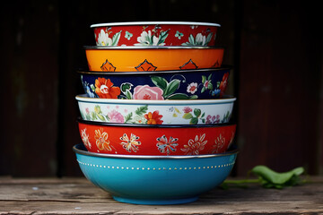 A stack of vintage enamelware bowls, each one with a different pattern. The mood is retro and nostalgic