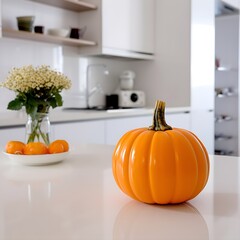 Fall with orange pumpkins and leaves in Modern Kitchen, generative AI   