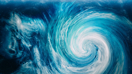 Ink swirl background. Ocean wave. Blue white cerulean glitter vapor vortex abstract sea whirlpool...