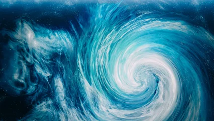 Poster Ink swirl background. Ocean wave. Blue white cerulean glitter vapor vortex abstract sea whirlpool illusion magic water spiral captivating art. © golubovy