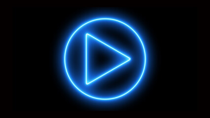 Play button icon. Neon shine play button with neon circle. Neon glowing play button on black background.