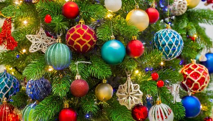 A festive background adorned with a Christmas tree decked out in multicolored ornaments and balls
