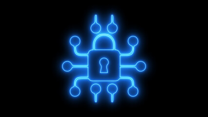 neon glowing mobile, computer, tower network icon on black background.