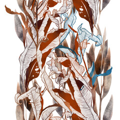 Autumn bouquet: frozen dry leaves endless motif. Digital art and watercolour, ink texture. Seamless pattern for packaging, scrapbooking, textile. Modern art-deco. - 677443164