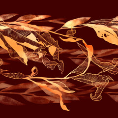 Autumn bouquet: frozen dry leaves endless motif. Digital art and watercolour, ink texture. Seamless pattern for packaging, scrapbooking, textile. Modern art-deco. - 677443197