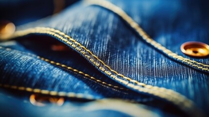 Neatly folded denim fabric displayed in layers, showcasing intricate stitching and the texture of the durable, classic material.
