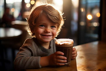 happy 5 year old child with a cup of hot chocolate in a cafe