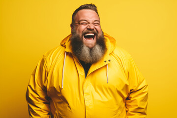 Obraz premium Fat bearded man in yellow clothes smiling on yellow background