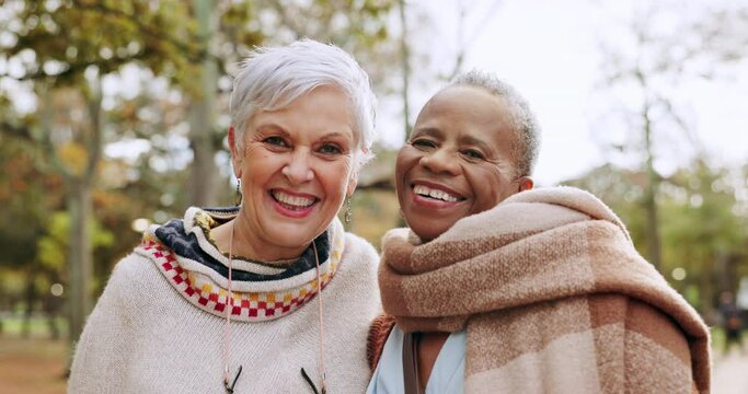 Portrait of senior women in park with smile, friends and outdoor adventure in garden for quality time. Happiness, friendship and retirement, old people bonding together in nature for freedom and fun.