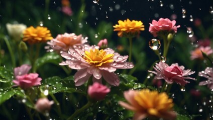 Blooming Flowers Close-up with Water Droplets
