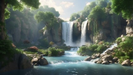 Fototapeta premium Tranquil Forest Stream: Scenic View of Nature's Waterfall 