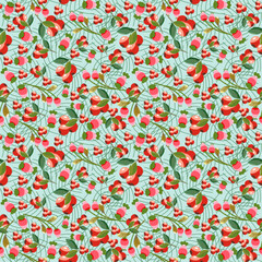 Seamless pattern of green leaves, red berry and soft red wild fruits, light green background. Vector illustration image.
