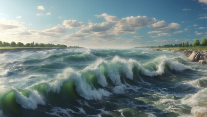 coastal waves under beautiful sky and horizon over water
