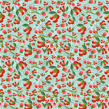 Seamless pattern of green leaves, red berry and soft red wild fruits, light green background. Vector illustration image.