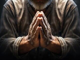 Two hands clasped together in a prayerful gesture, portraying reverence and a sense of spiritual...