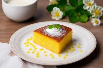 White plate with milk cake and saffron