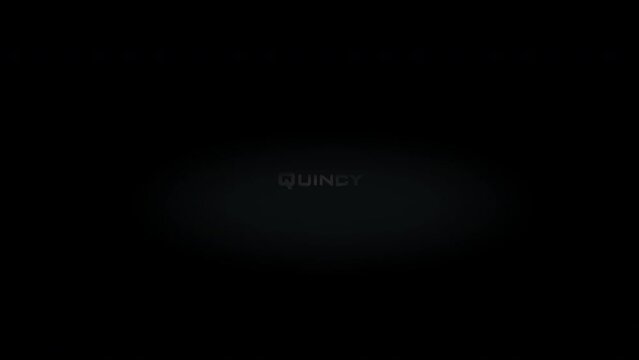 Quincy 3D title word made with metal animation text on transparent black