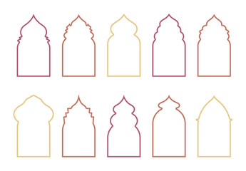 Set of arab islamic frames. Oriental arabesque windows or doors arch for arabic decoration. Ramadan kareem silhouette shapes. Arabian or indian ornament template, muslim geometric banner