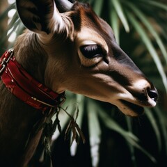 a deer with a red collar