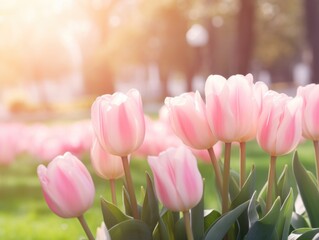 a group of pink tulips