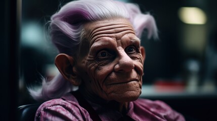 an old woman with purple hair