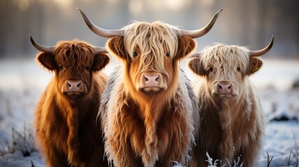 highland cow in winter - obrazy, fototapety, plakaty