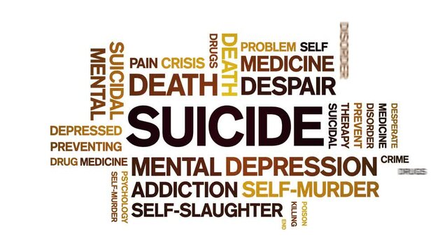 Suicide animated tag word cloud;text design animation kinetic typography seamless loop.