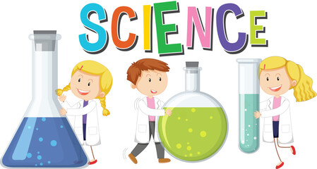 Obraz na płótnie Canvas Science Logo Banner with Cartoon Scientists in Gowns