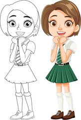 Smiling Cartoon Girl Student in School Uniform