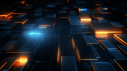 Fototapeta premium abstract technology 3d square and neon lights on an abstract psychedelic background. square featuring a striking abstract geometric background. High Tech Abstract Background. 