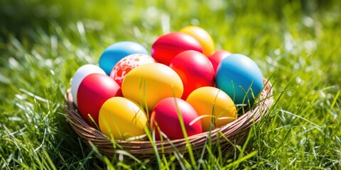 Fototapeta na wymiar a basket of colorful eggs in grass