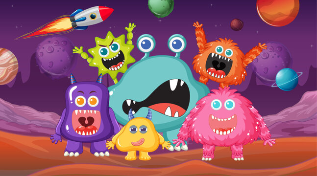Cute Alien Monster Cartoon Friends in Outer Space