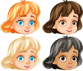 Smiling Cartoon Heads of Four Short-Haired Girls