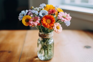 a bouquet of colorful flowers in a glass jar