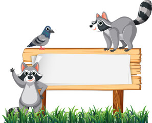 Raccoon and Pigeon Around Wooden Board Frame