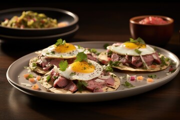 a plate of food with eggs and meat on top