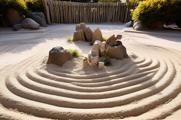 a sand garden with rocks and plants