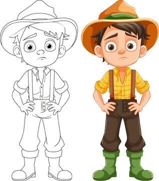 Bored Sad Boy in Farmer Overalls Cartoon Character