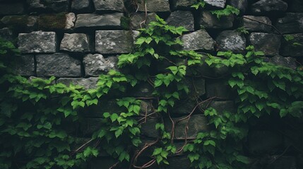a stone wall with green leaves