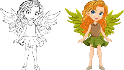 Beautiful Woman with Wings: Cartoon Character and Doodle Outline