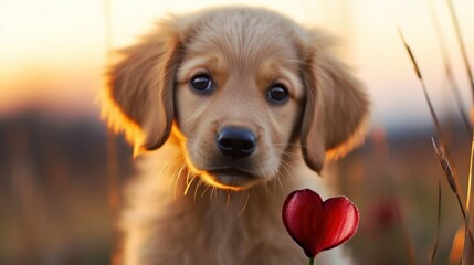 a puppy looking at a heart