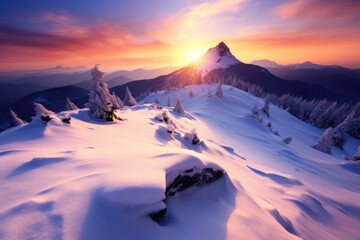 a snowy mountain with trees and a sunset