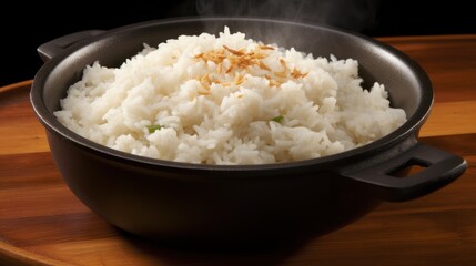 a bowl of rice with steam