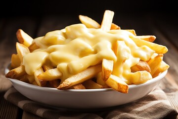 a bowl of french fries with cheese sauce