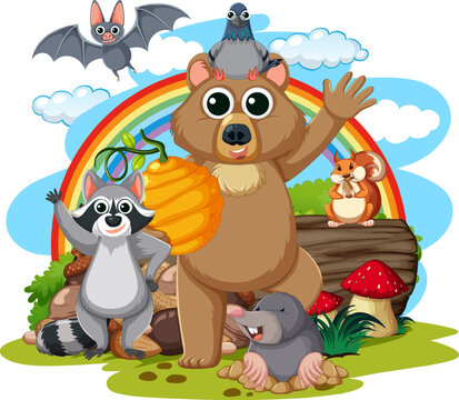 Happy Wild Animals with Rainbow and Waving Hands